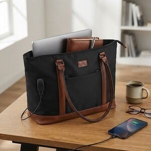 Relavel Laptop Tote Bag Black Nylon Brown Trim USB Charging Port Work Briefcase